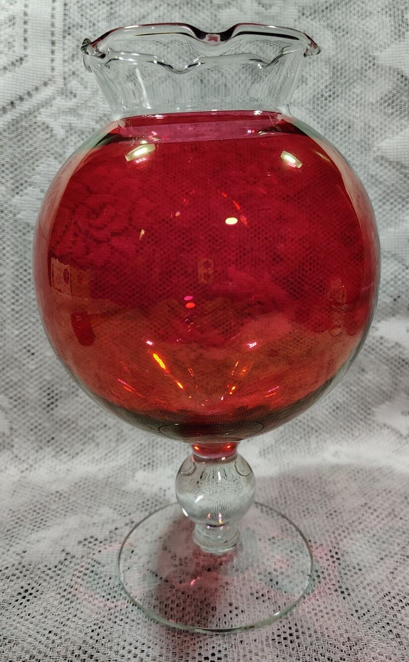 Vintage Cranberry Iridescent Glass Globe Vase Ruffled Top